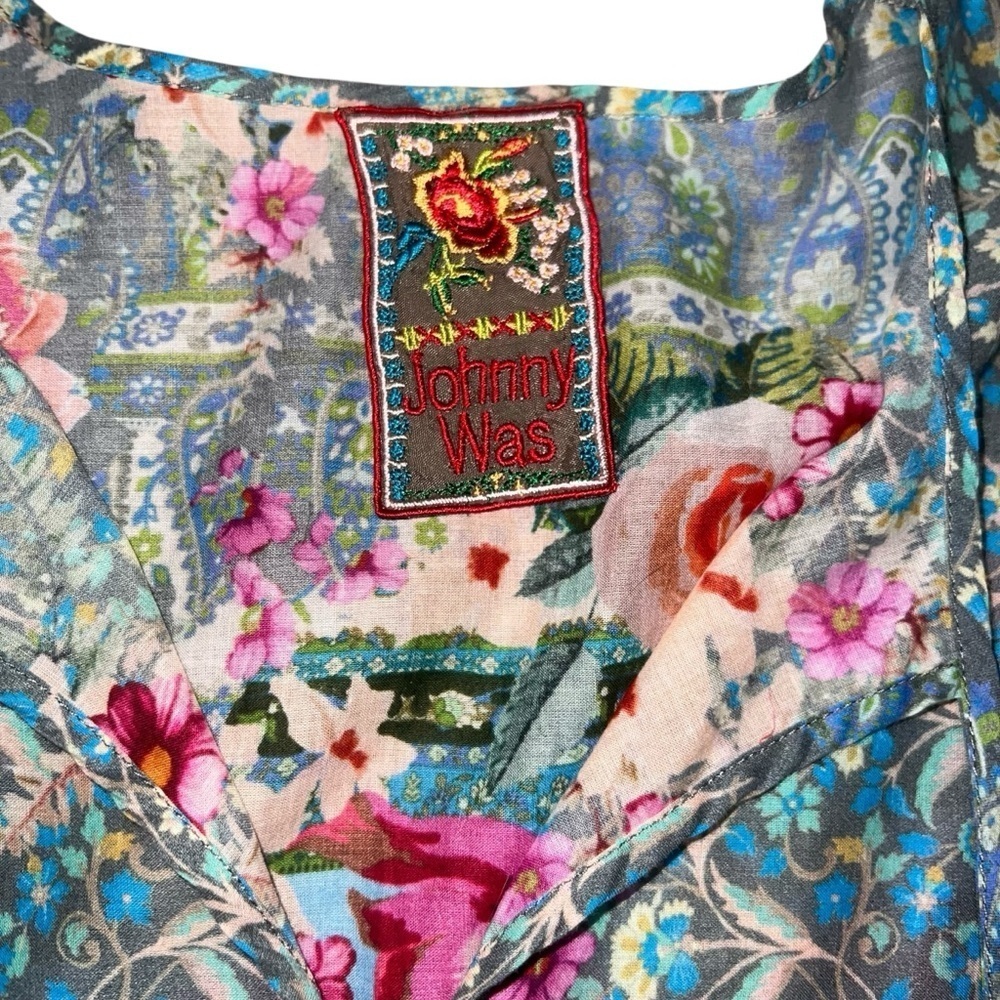 EUC Johnny Was Floral Patterned Tunic Top Tie Front Medium Cotton Sustainable - Picture 10 of 13